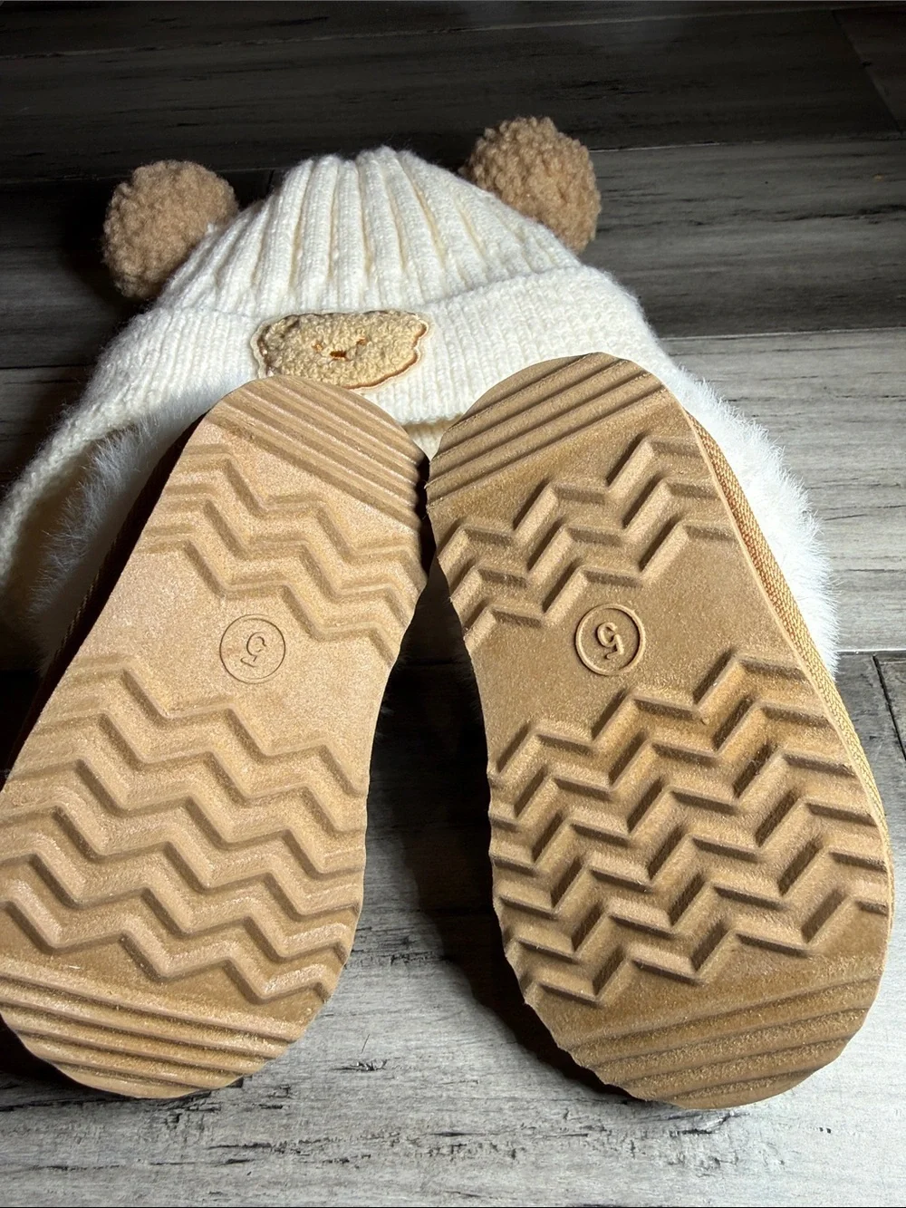 Kids Cream Bear Hat and Tan Fur-Lined Booties Set